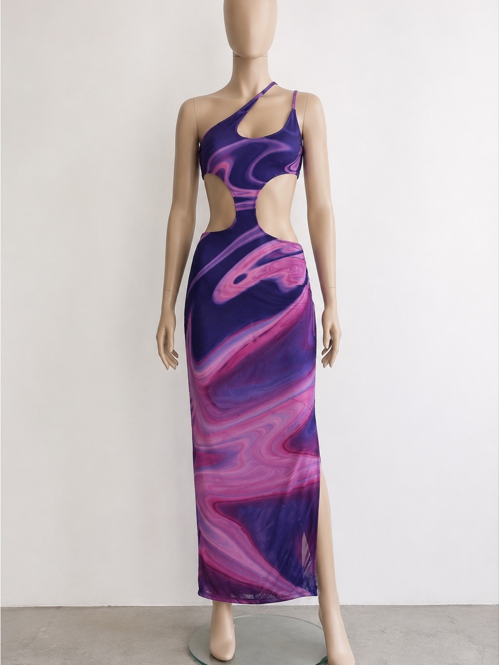 Farai London Purple & Pink Marble One-Shoulder Cutout Summer Maxi Dress
